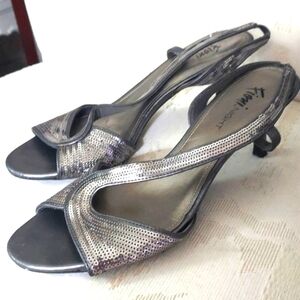 Vintage Fiona Sequin Silver Gunmetal Open Toe Sling Back Pumps Heels Sz 10